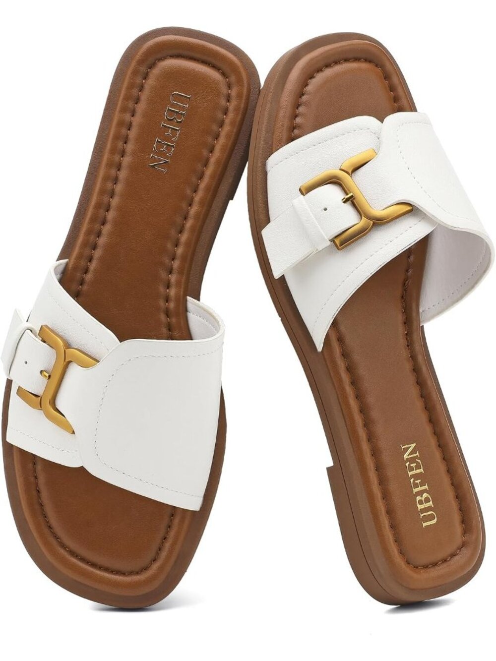 Women's White Brown Square Toe Flat Sandals Slides Dressy Comfortable for Casual